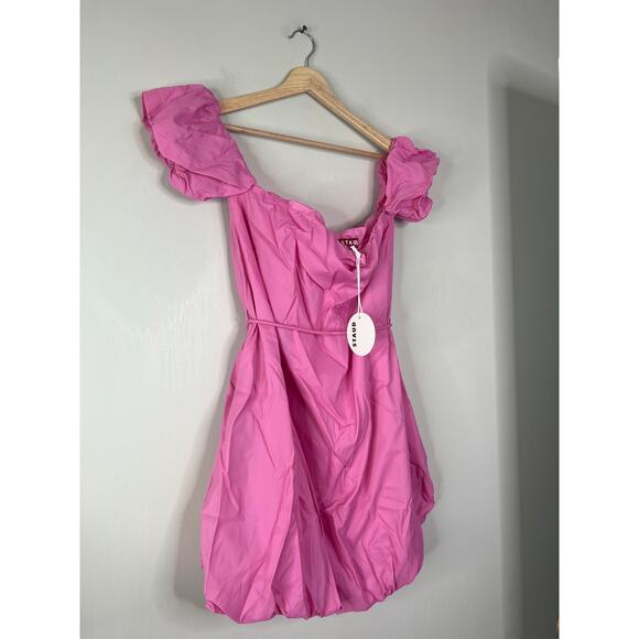 NWT Staud Ash Off Shoulder Gathered Shell Puff Sleeve Self-Tie Mini Dress Pink - Picture 3 of 7